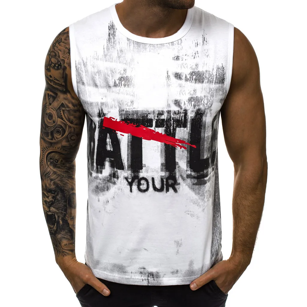 Polyester blouse Men Letter Printed sport men Casual sleeveless top Vest Striped Splice Large Open-Forked Male Daily W0710 | Мужская