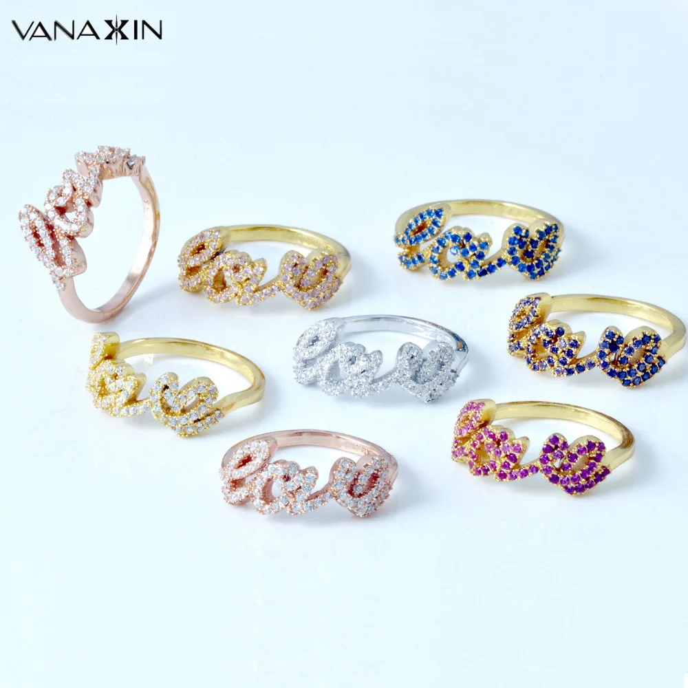 

VANAXIN Romantic Love Letter Rings for Women 925 Sterling Silver Gold/Rose/Silver Color Multi-color Cubic Zirconia Lover CC Gift