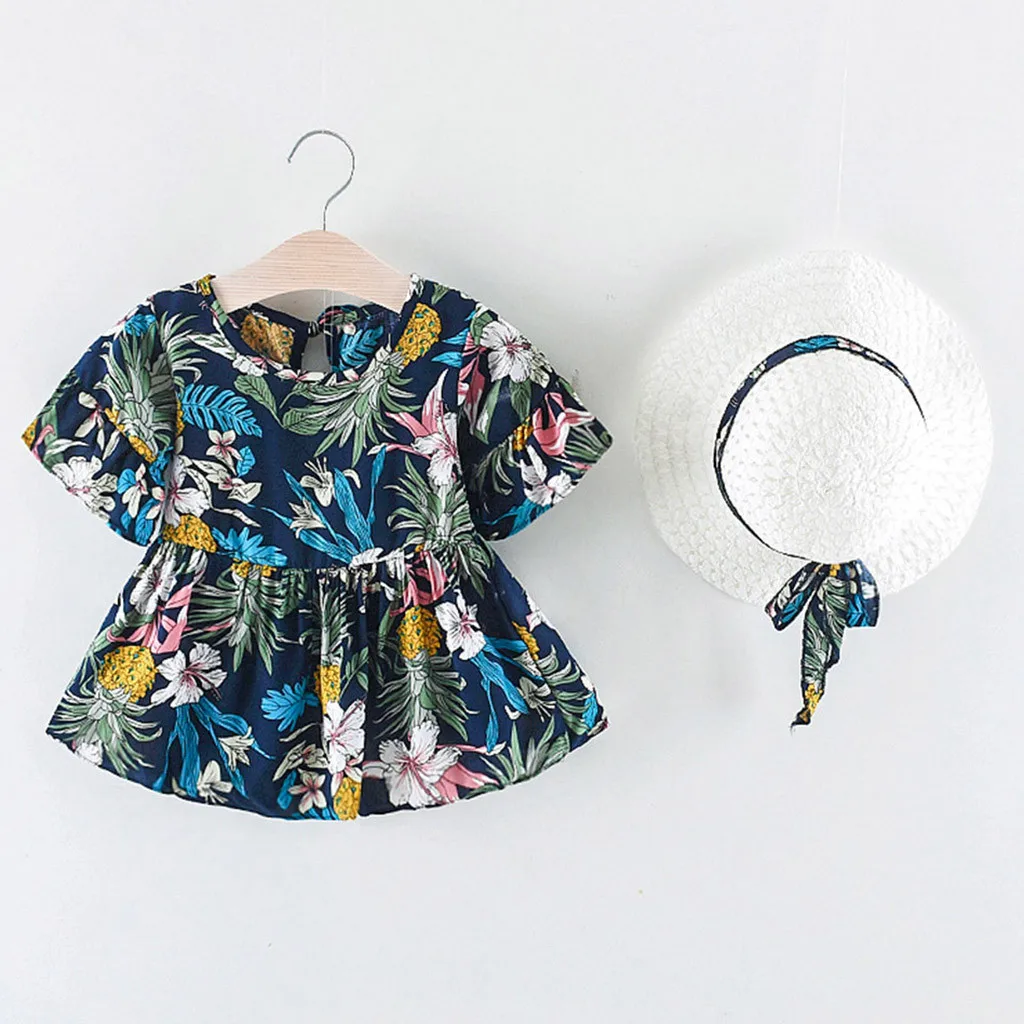 

Summer Infant Princess Dress Korean Style Baby Girl Clothes Flare Sleeve Flower Floral Print Dress Hat sukienki dziewczynka