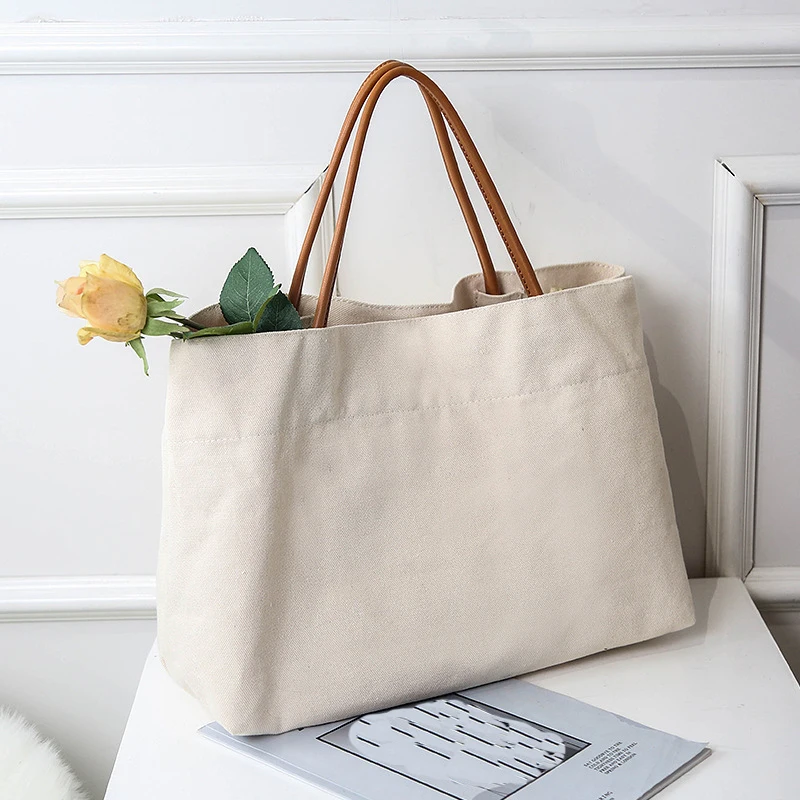 

Korean Large Shopping Bag Canvas Totes Beach Bag Ladies Shoulder Bag for Women Summer Casual Tote 2018 Fashion Beige White Color
