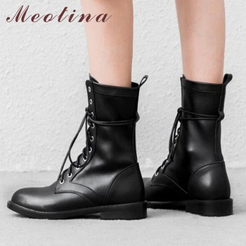 

Meotina Genuine Leather Boots Motorcycle Boots Women Punk Lace Up Winter Round Toe Thick Heel Ankle Boots Female Shoes Black