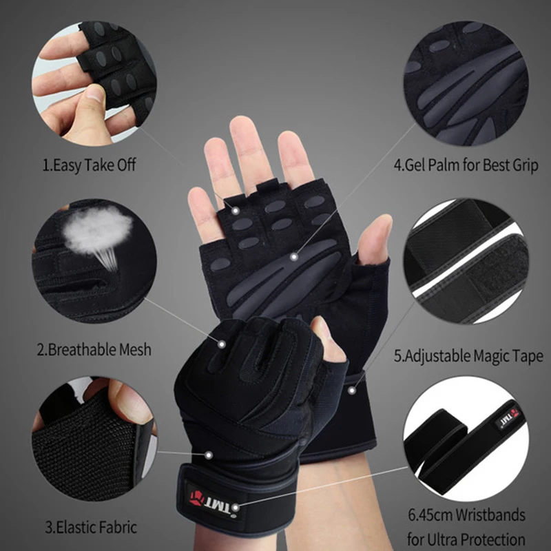 TMT اللياقة البدنية قفازات قفازات رفع أثقال الرجال النساء نصف إصبع حماية المعصم رياضة التدريب أصابع رفع الاثقال الرياضة قفازات