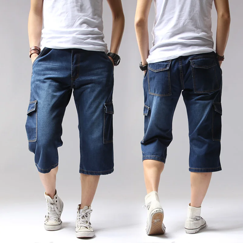 

2019 Summer Denim Jean Men Shorts Casual Solid Loose Shorts Cargo Knee Length Short Multi Pocket Bermuda Male Long Big Tall Size