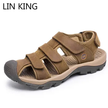 

LIN KING New Style Genuine Leather Sandals Men Summer Shoes Plus Size Solid Waterproof Beach Sandals Outside Footwear Sandalias