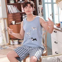 Новая летняя одежда для мужчин животных собаки жилет топы+ полосатые короткие штаны пижамы Трикотажный Хлопковый костюм ночное белье Повседневная Lounge