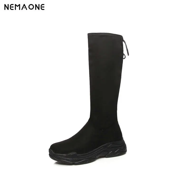 

NEMAONE Flat platform boots woman black white women mid-calf boots autumn winter Waterproof Women Fashion Casual shoes