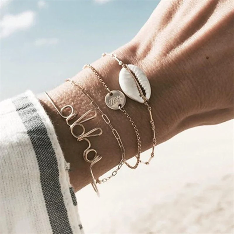 NIUYITID 4 pcs  set Shell Charm Bracelet For Women Delicate Cowries Fashion Beach Seashell Jewelry pulseras mujer moda 2019