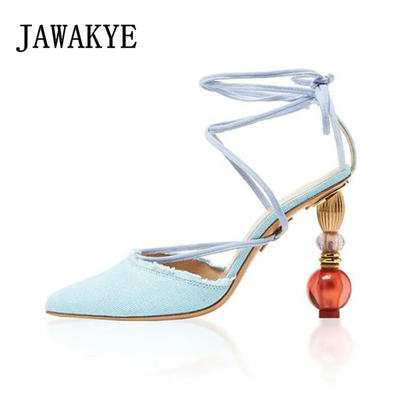 

2019 Runway Genuine leather String-beads shaped high heels sandals women pointed toe cross tied summer shoes ladies party shoes