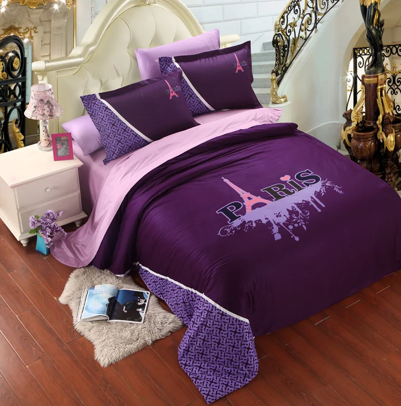 Purple pink Paris Eiffel Tower bedding set king queen size duvet cover