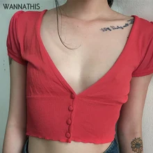 WannThis short sleeve deep V-neck crop tops women sexy T shirt red ribbed knitted summer vintage slim bodycon cropped streetwear WannThis short sleeve deep V-neck crop tops women sexy T shirt red ribbed knitted summer vintage slim bodycon cropped streetwear