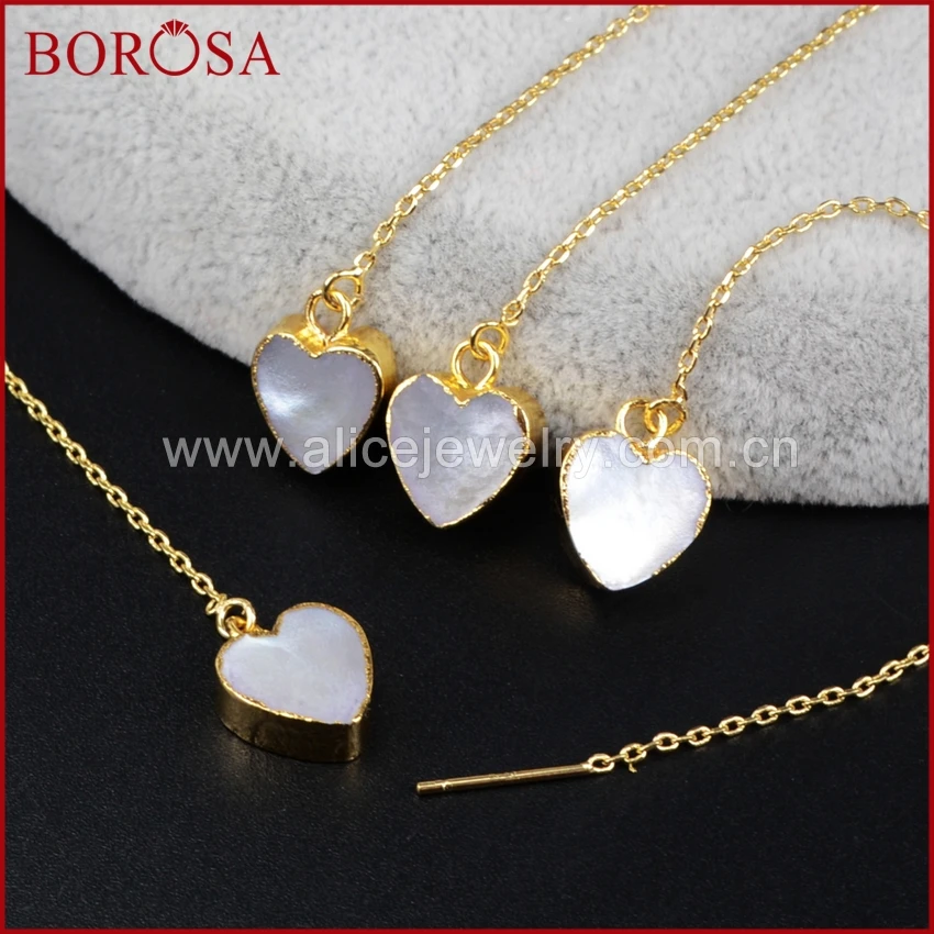

BOROSA 5pairs Gold Color Natural White Shell Heart Threader Earrings,New Collection Drop Earrings Dangle Earrings Jewelry G1245