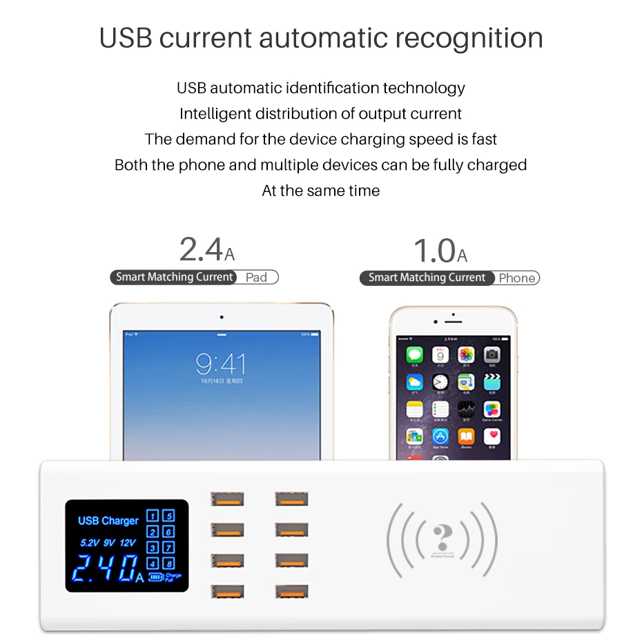 Беспроводное зарядное устройство Qi, умное USB быстрое зарядное устройство, несколько портов, светодиодный дисплей, зарядка, концентратор, розетка, адаптер для Xiaomi, samsung, huawei