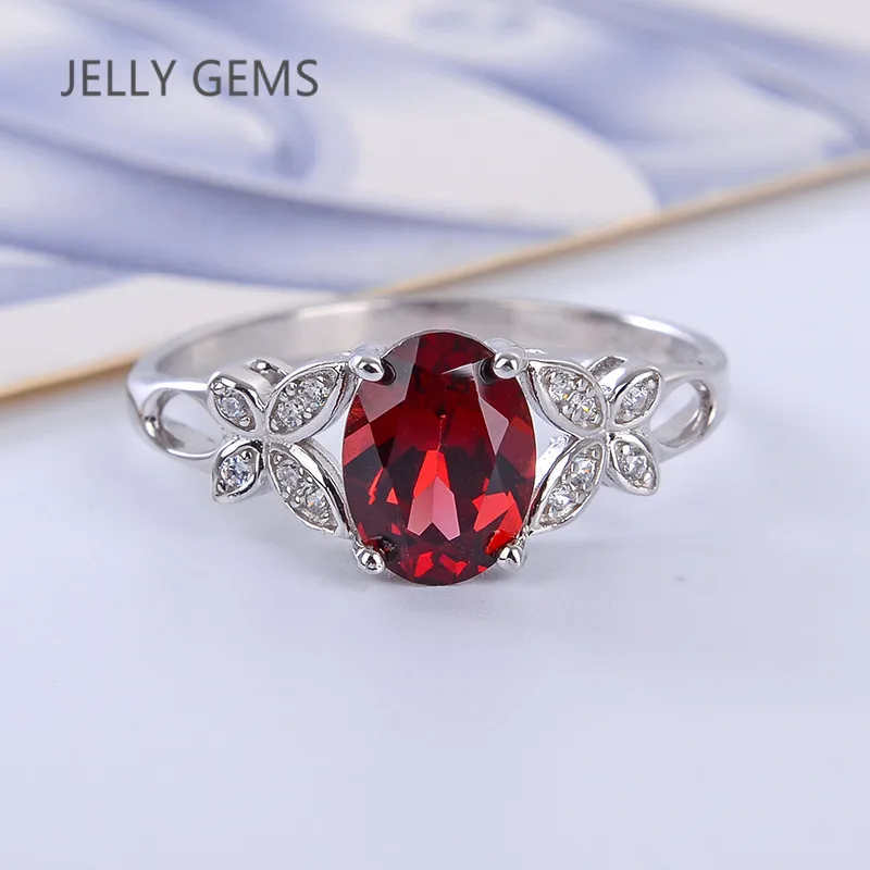 JellyGems Кольцо с натуральным гранатом 925 пробы серебряный винный красный драгоценный камень ювелирных украшений для Для женщин подарок 1.5ct овальный камень 6*8 мм