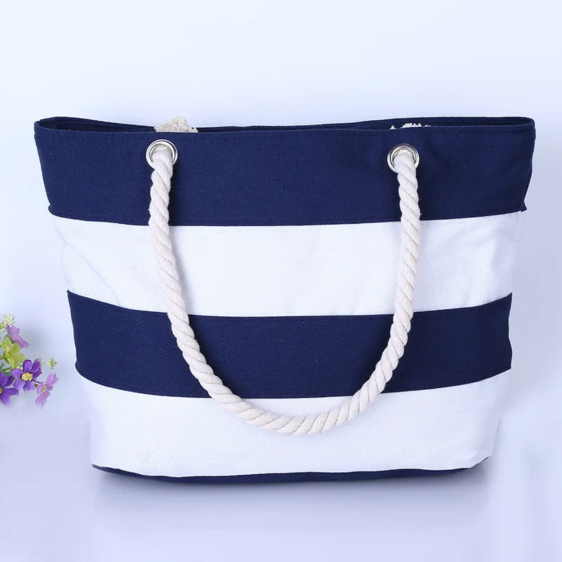 blue and white striped beach bag