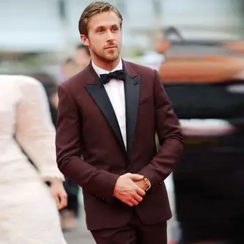 

Celebrity Same Style Men Suits 2017 Fashion Design Burgundy Men Suits With Black Satin Peak Lapel Prom Suits (Jacket+Pants+Bow)