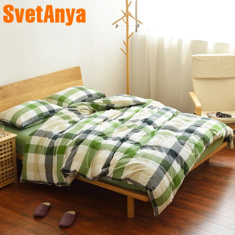 

Svetanya Washed Cotton Bedding Sets Single Queen King Size (Pillowcase +flat or fitted Sheet +Duvet Cover ) Plaids Design