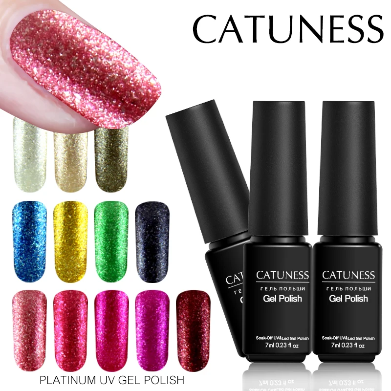 

CATUNESS Lucky Rose Platinum Paint Colors Nail Polish Semi- Soak Charms Permanent Varnish Lacquer 7ML Gold Glitter Sand Polygel