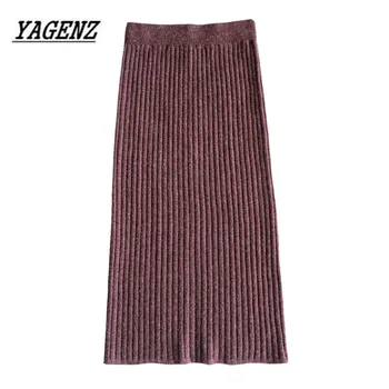 

2020 New Autumn/Winter Women's Medium long Wool Skirt Fashion Slim High waist elastic Knit Sweaters Solid color Ladies Skirts