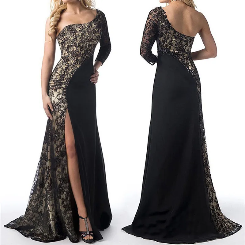 

Party Dresses 2018 Sexy High Slip Dress One Shoulder Black Lace Long Sleeve Maxi Dress Floorl Length Autumn Winter Dress Vestido