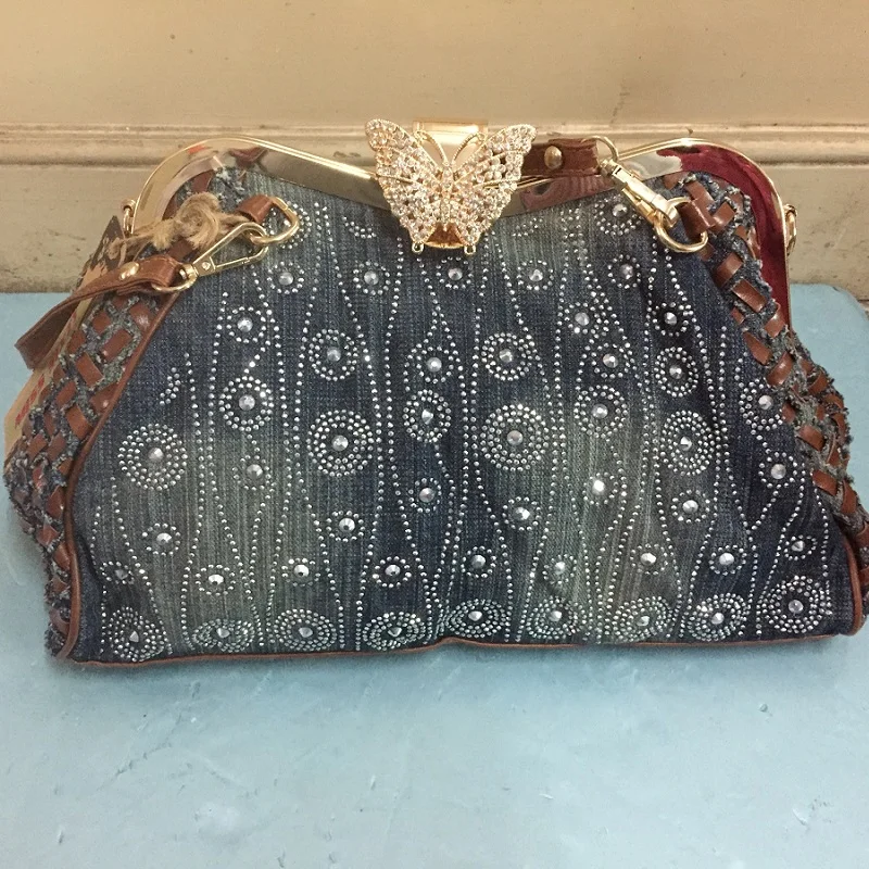 Vintage Women Shoulder Bag Denim Jeans HandBags Frame Butterfly Shine