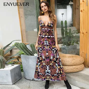 

Enyuever Boho Dress Womens Clothing Casual Vestidos Vintage Spaghetti Strap Backless Ethnic Bohemian Long Beach Maxi Dress Party