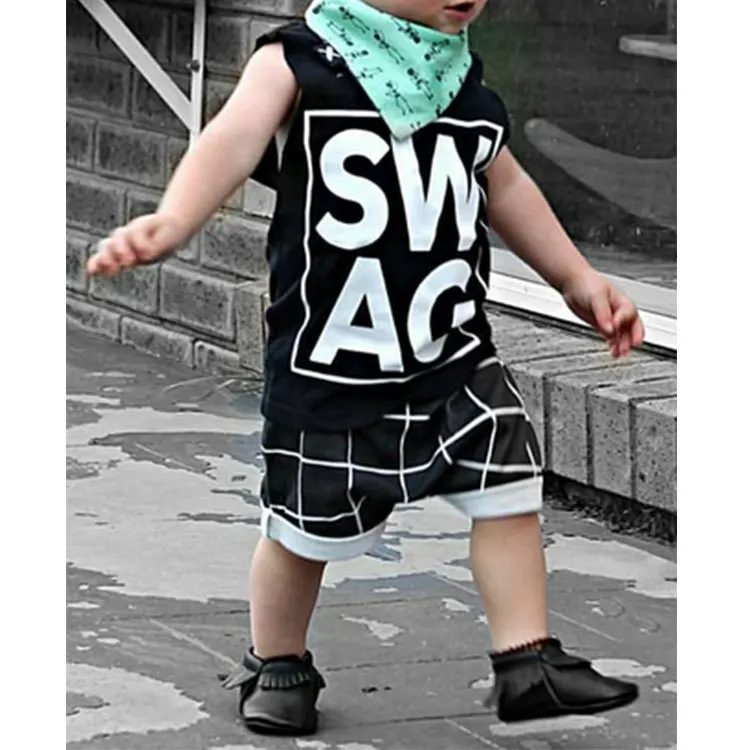 SWAG KID VEST / Black vest and shorts set / grid shorts / boy summer
