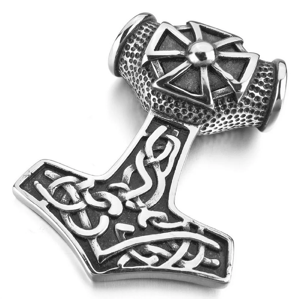 Men's Large Stainless Steel Pendant Silver Thors Hammer Irish Knot