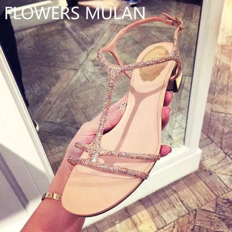 

Luxury Mixed Color Crystal Embellishments T-Strap Flat Shoes Women Sandals Peep Toe Front Rear Strap Summer Ladies Brand Shoes