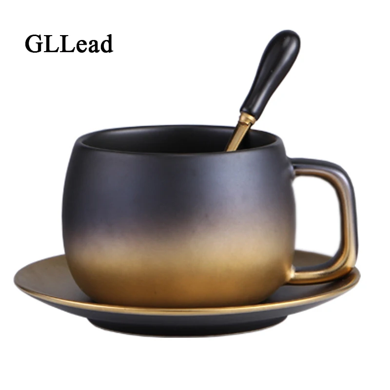

GLLead Ceramic Coffee Cup and Saucer Black Pigmented Porcelain Tea Cup Porcelain Cups Set with Stainless Steel 304 Spoon