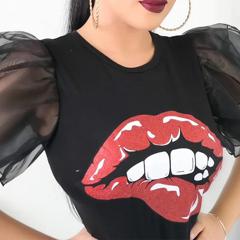 Summer Sexy O Neck Ruffles Short Sleeve Women Shirts 2019 Lips Printed Casual Lady Shirt Elegant Female Streetwear Fashion Tops