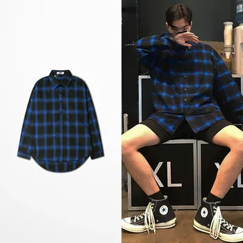 

Autumn Korean Fashion Design Hip Hop Extend Swag Long Sleeve Shirt Men Skateabord High Street Grid Justin Bieber Kanye Shirt