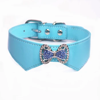 

1PCS Rhinestone Dog Collar Bowknot Adjustable PU Leather Dog Collars Puppy Collar Pet Supplies For Small Dogs Necklace Blue XS-S