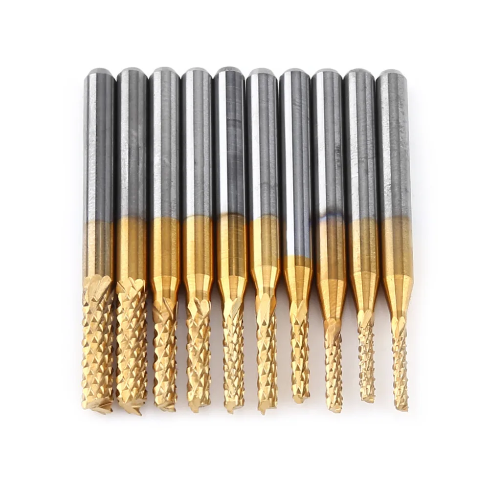 

10Pcs/Lot Titanium Coat Tungsten Carbide End Mills PCB Router Bits Engraving CNC Rotary Burrs Set Milling Cutter Power Tools