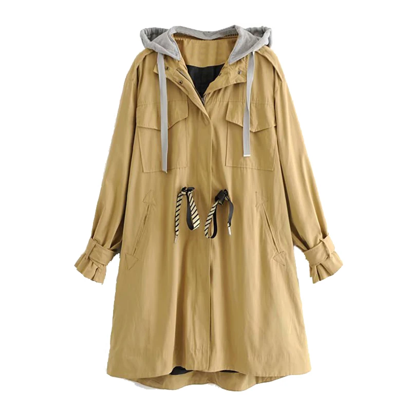 Осень, ветровка, куртка для женщин, базовое пальто, с капюшоном, на завязках, Длинная Верхняя одежда размера плюс, армейский зеленый Бомбер, куртка, толстовка