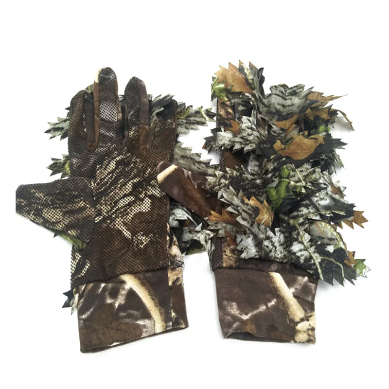 1 Pair 3D Leaf Fishing Hunting Gloves Non-slip Bionic Camouflage Gloves Full Finger Skidproof Silicone Dots Hunter