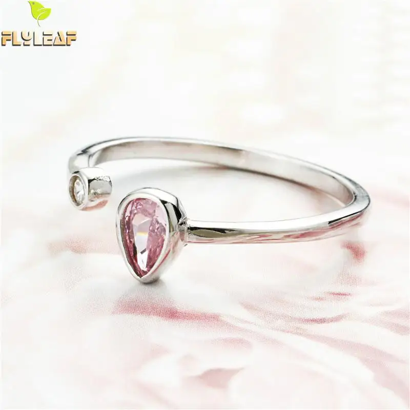 

Flyleaf 100% 925 Sterling Silver Water Drop Pink Cubic Zirconia Open Rings For Women Simple Fashion Party Jewelry