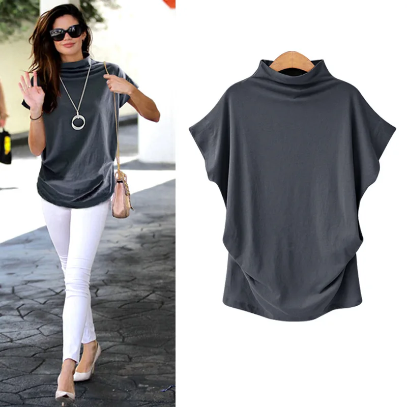 

Plus Size 6XL Women Summer T-Shirt Short Batwing Sleeve Loose Solid Gray Turtleneck Tee Shirt 2019 New T-Shirts Femme Tees Tops