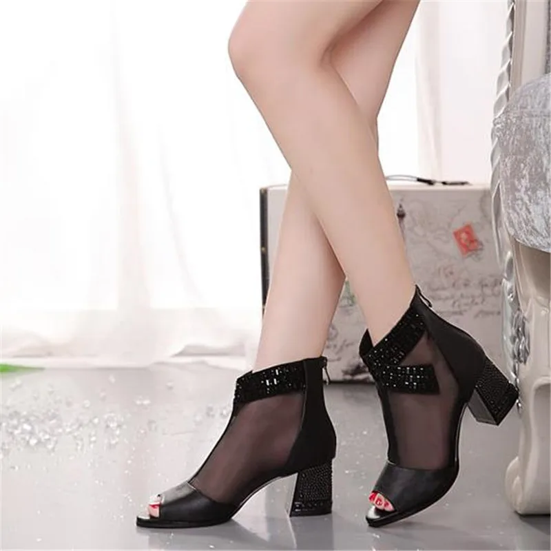 2017 sandals female genuine leather gauze open toe women's shoes high heels rhinestone thick heel cool boots