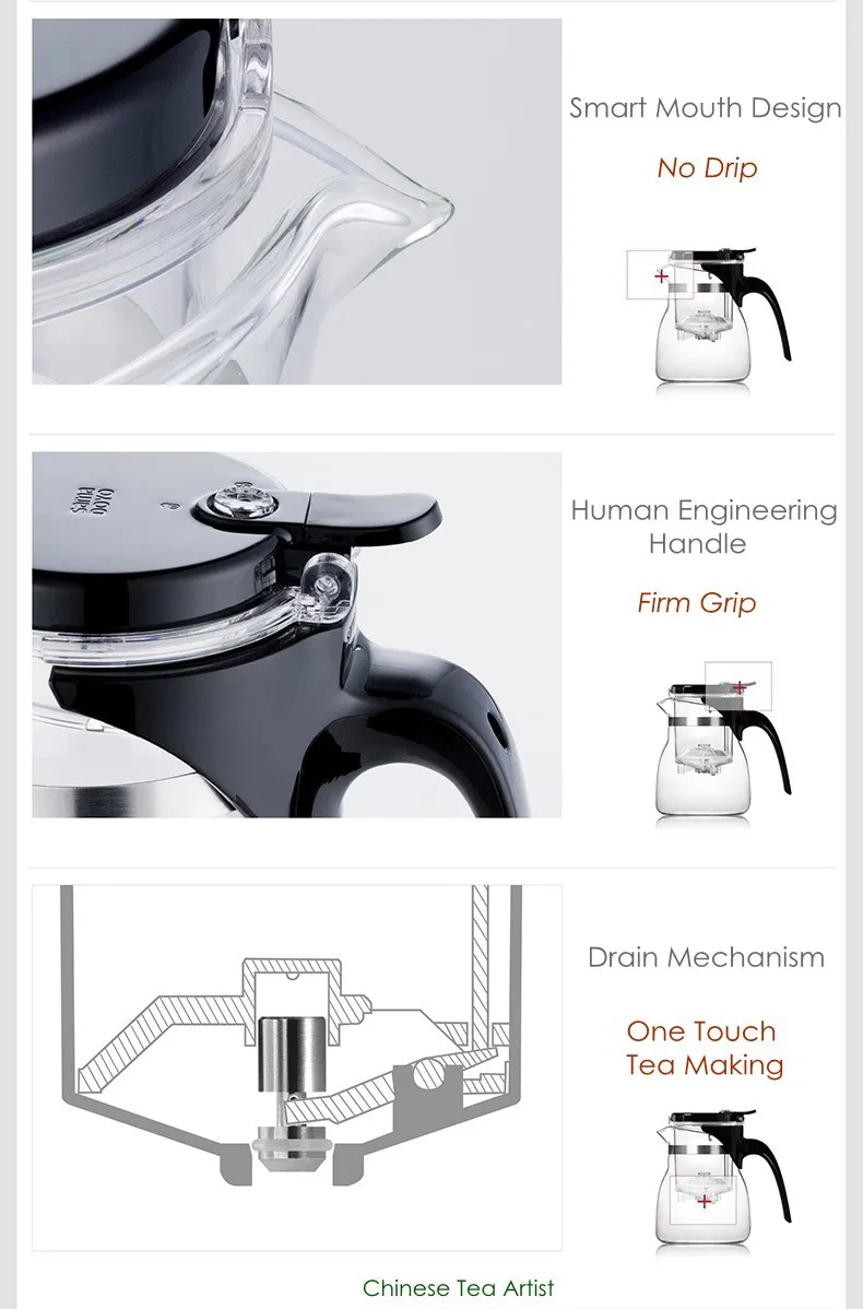 Изысканный термостойкий стеклянный чайник со встроенным заваркой для сыпучих чая и кофе 600 мл, удобный офисный чайник