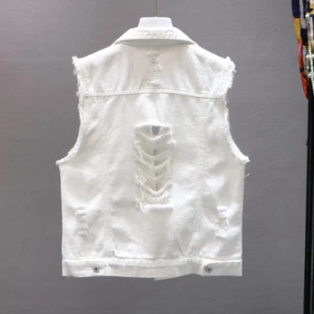 

2019 Spring and Summer New Women's White Broken Holes Ripped Denim Vest Sleeveless Student Jeans Vests