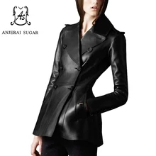 Черная женская кожаная куртка, пальто из овчины, натуральная кожа, мотоциклетная одежда, Женская тонкая юбка, маятниковая Дизайнерская куртка