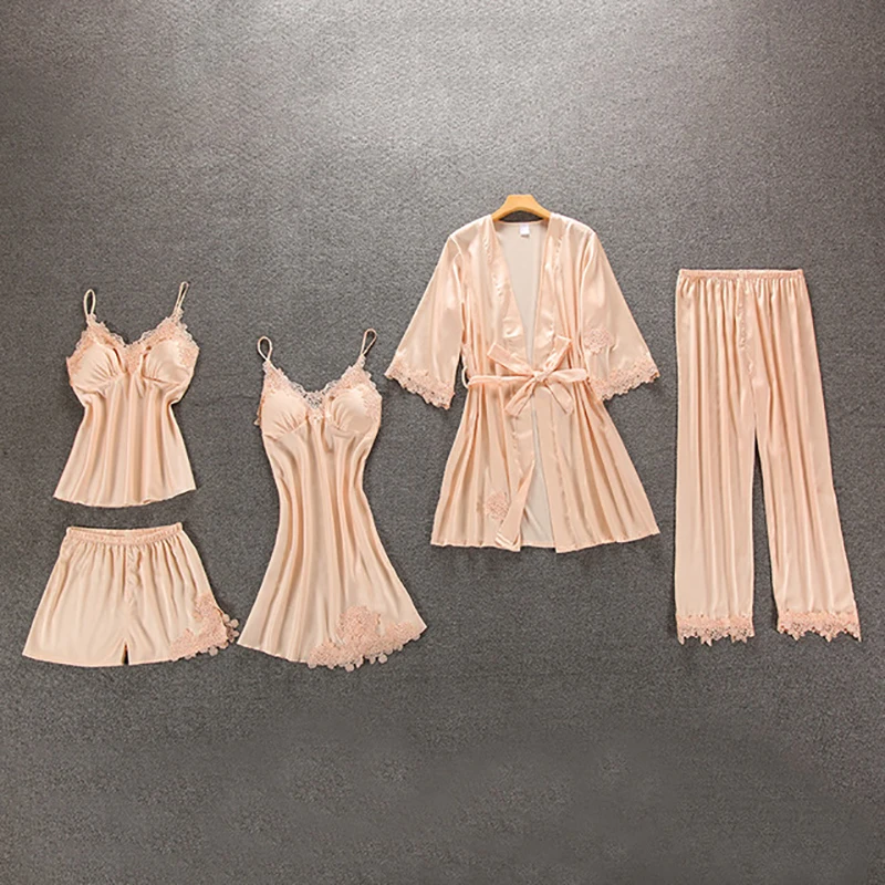 BZEL/модные женские пижамы из 5 предметов, шелковистая одежда для сна, женское кружевное Ночное платье, сексуальный женский халат, Дамское Ночное платье, большие размеры