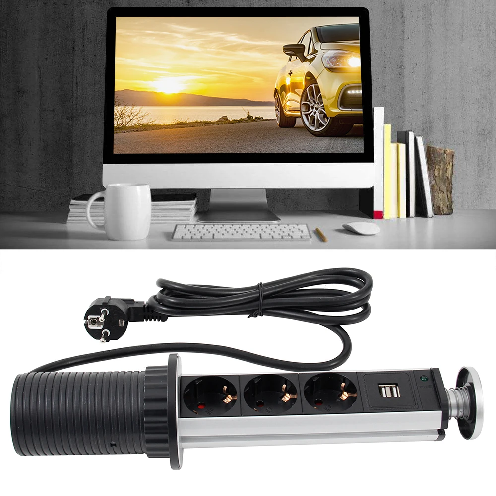 

16A PULL POP UP 3 Power Socket 2 USB Charging Port Kitchen Table Desktop Sockets Retractable Countertops Worktop EU Plug