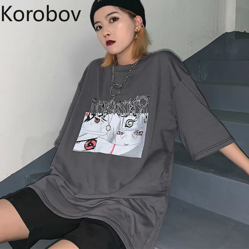 Korobov японский мультяшный принт короткий рукав Ulzzang Футболка Harajuku круглый вырез