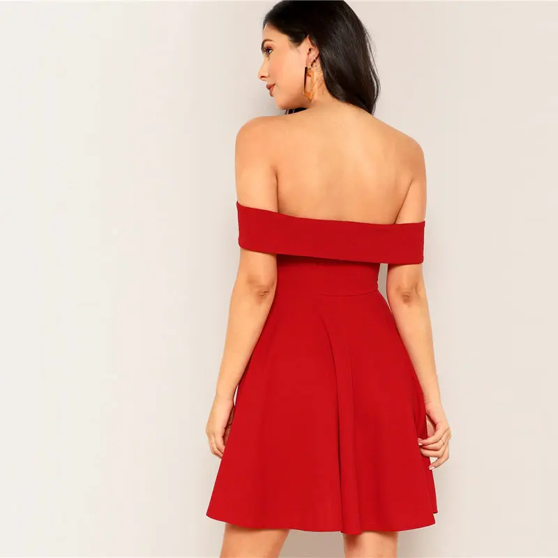 SHEIN Расклешенное Платье С Открытыми Плечами Женское Летнее Красное Элегантное Платье