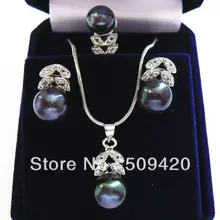 Оптом Серебряные наборы 8-9 мм пресноводный жемчуг ожерелье серьги кольцо