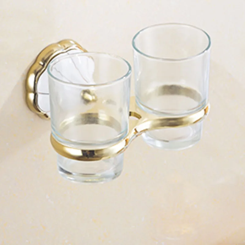 Gold and White Double Ceramic Cup Toothbrush Holder Wall Mounted