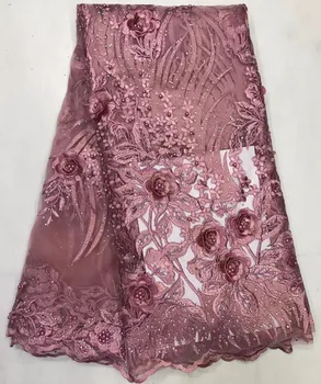 

Free shipping (5yards/pc) soft French net lace fabric elegant 3D flowers appliqued African mesh lace for party dress