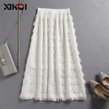 XIKOI Новая модная Тюлевая юбка s Женская черная белая юбка из тюля для взрослых эластичная высокая талия поддельные перо кисточкой плиссированная юбка миди
