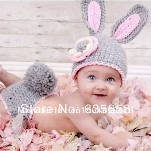 Pink Grey Rabbit Kids Set Handmade Outfits Newborn Infant Baby Boy